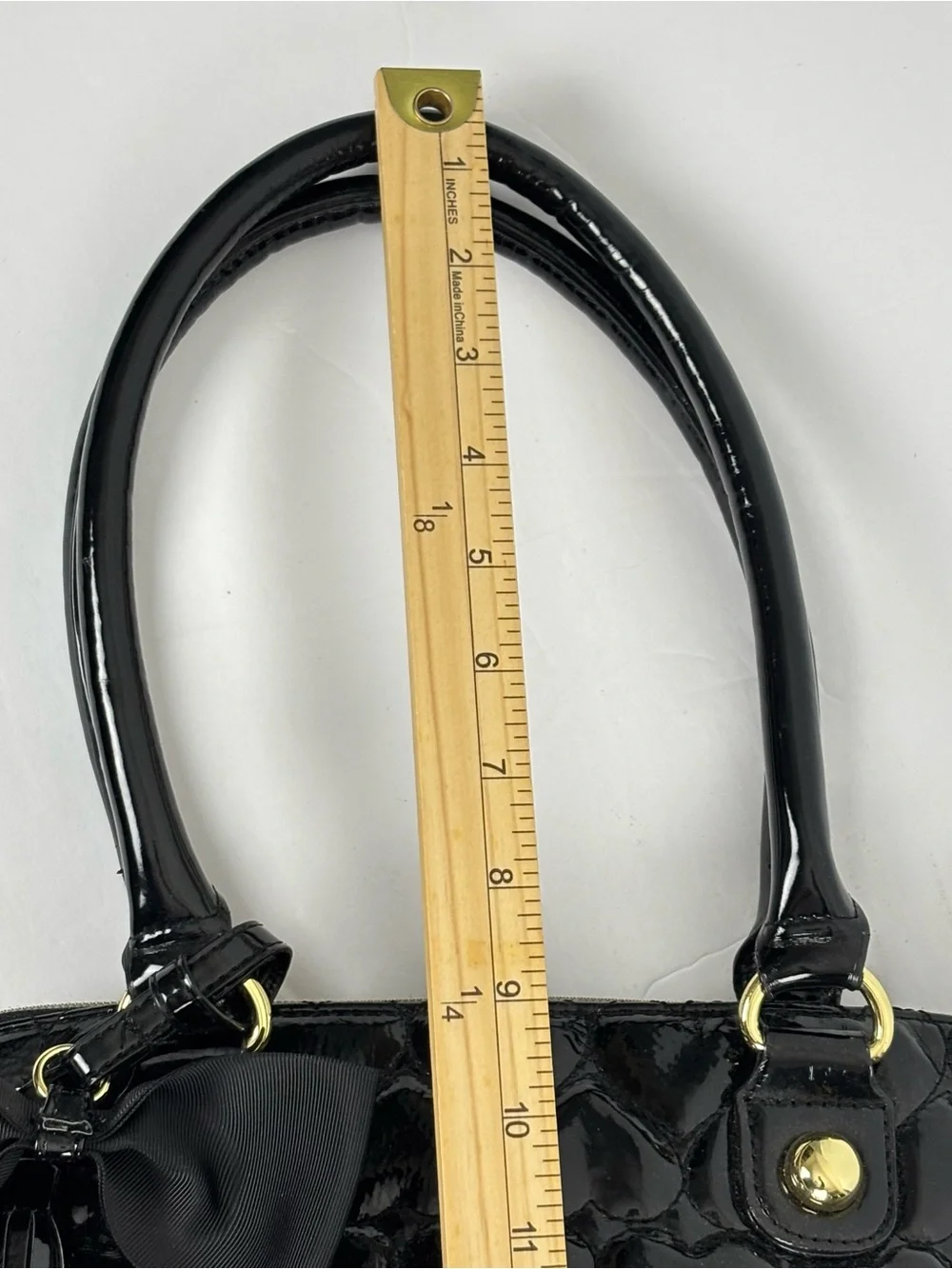 Betsey Johnson Black Quilted Heart Satchel Purse Bow Tassel Charm Glossy Patent
